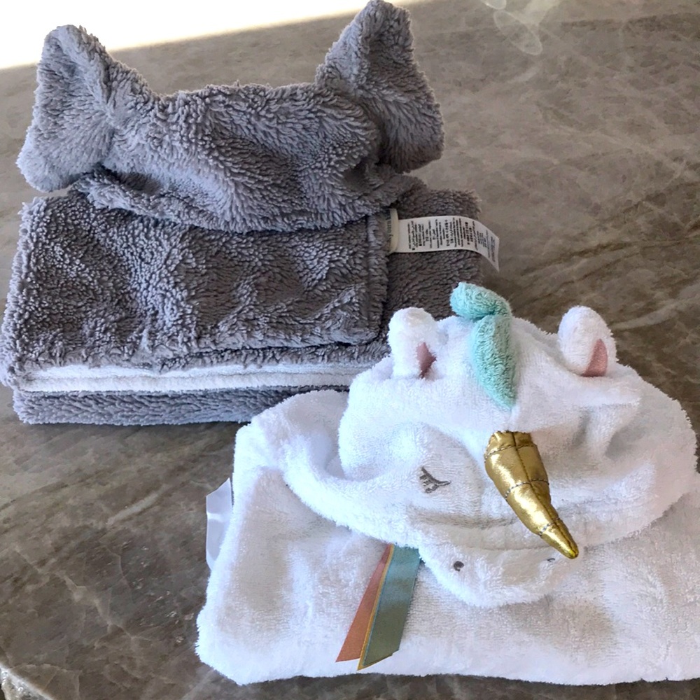 2 Baby Hooded Towels - 1 elephant and 1 unicorn
